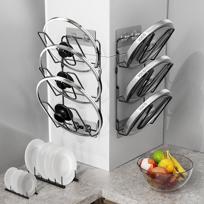 Organizador de tapas de olla de 6 niveles, soporte para tapas de ollas, 2 unidades, estante para tapa de olla sin perforación, para puerta de armario o montaje en pared, para almacenamiento de tapas de ollas y sartenes, color negro