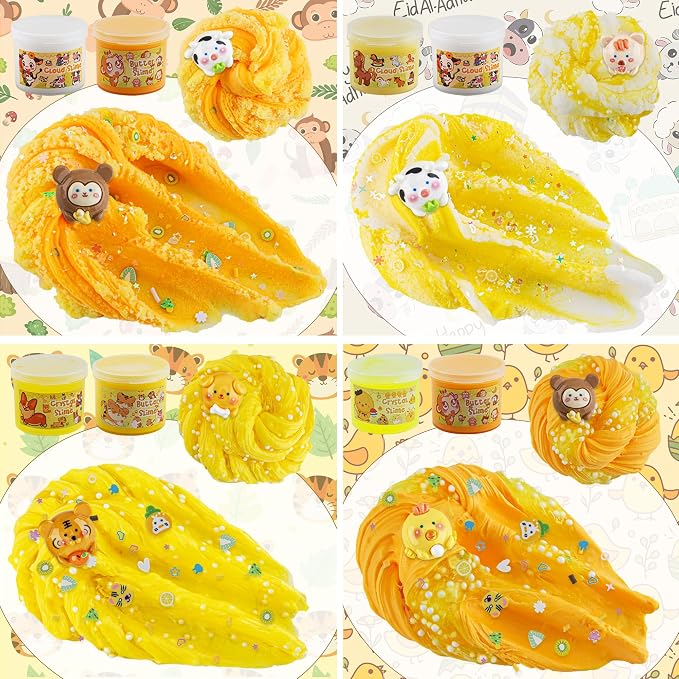 LAWOHO Juego de 6 paquetes de limo gradiente amarillo - limo transparente, de mantequilla, de nube, limo esponjoso para niños con dijes y complementos de animales, recuerdos de fiesta para niñas