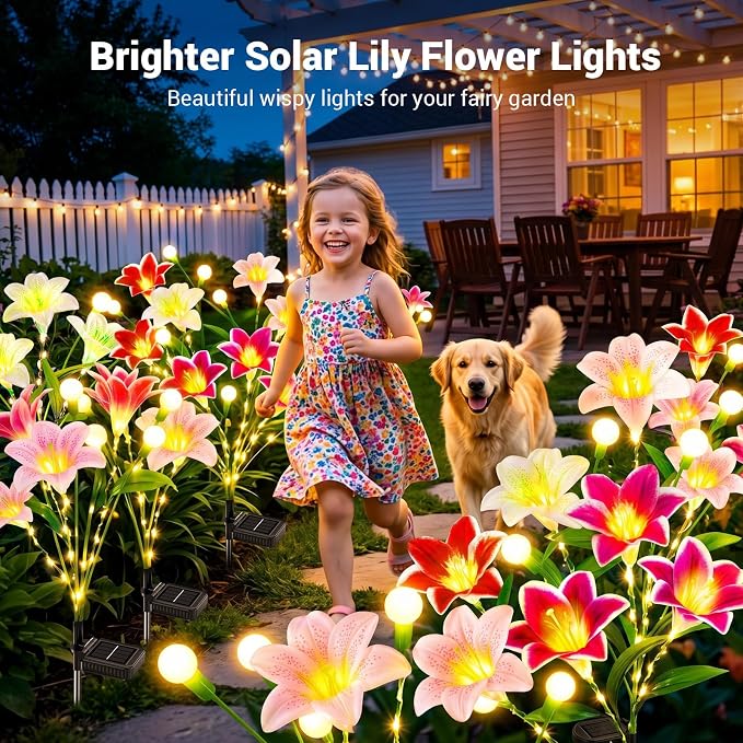 Pack de 3 Luces Solares de Jardín 2 en 1 – Flores de Lirio con Luciérnagas Oscilantes | Colores: Morado, Blanco, Verde y Blanco Rosado