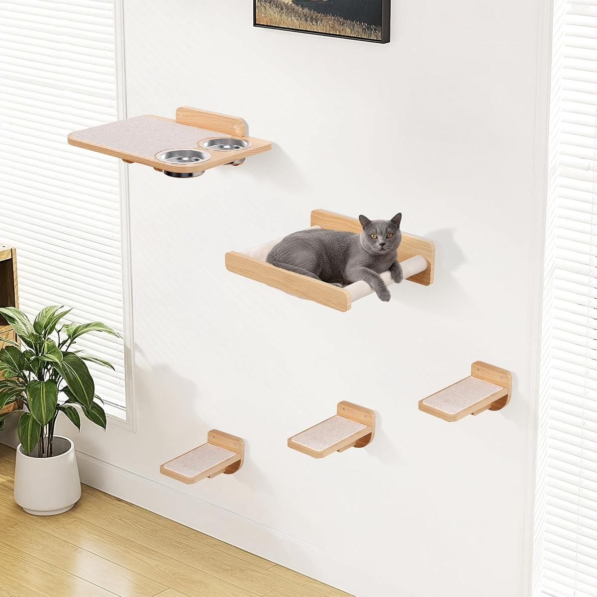Estantes de pared para gatos PATHOSIO PETS que ahorran espacio Trepador de pared interactivo para gatos con hamaca y comedero a prueba de perros para razas pequeñas y medianas de interior Madera natural maciza con alfombra beige