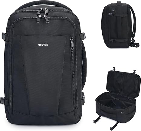 ECOHUB Mochila de Viaje Mochila de Artículo Personal con 13 Bolsillos Bolsas de Mano para Aviones, Negro, Negocios