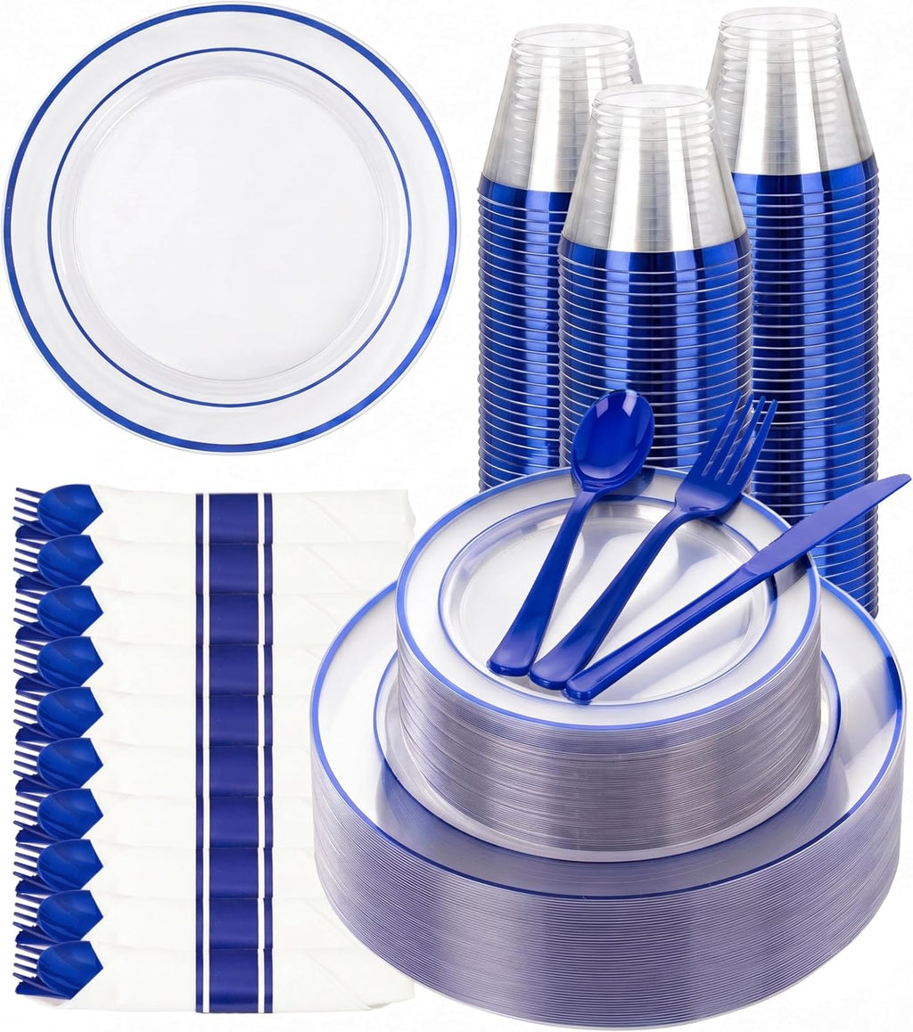 I00000 Juego de vajilla de plástico azul de 350 piezas para 50 invitados. Incluye: 100 platos azules para fiestas, 50 servilletas preenrolladas con juego de cubiertos, 50 vasos para cumpleaños, graduaciones y el Día del Padre.