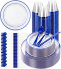 I00000 Juego de vajilla de plástico azul de 350 piezas para 50 invitados. Incluye: 100 platos azules para fiestas, 50 servilletas preenrolladas con juego de cubiertos, 50 vasos para cumpleaños, graduaciones y el Día del Padre.