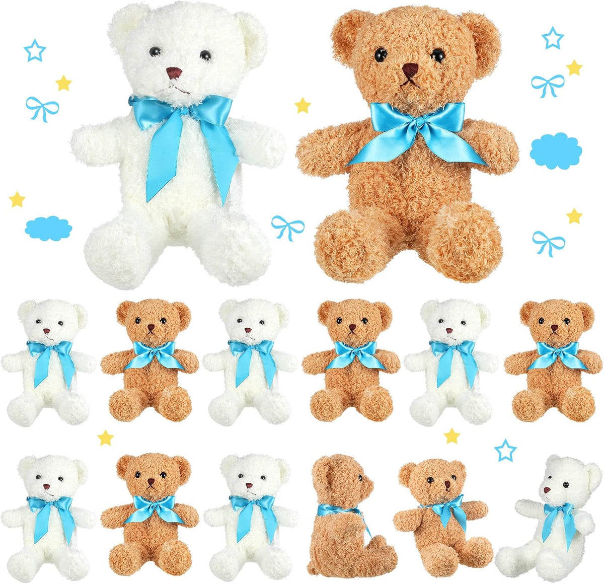 Kathfly 12 Ositos de Peluche Mini 10 Pulgadas | Pequeños Suaves con Lazo de Cinta | Paquete a Granel para Cumpleaños, Bodas y Fiestas | Café y Blanco (Azul)