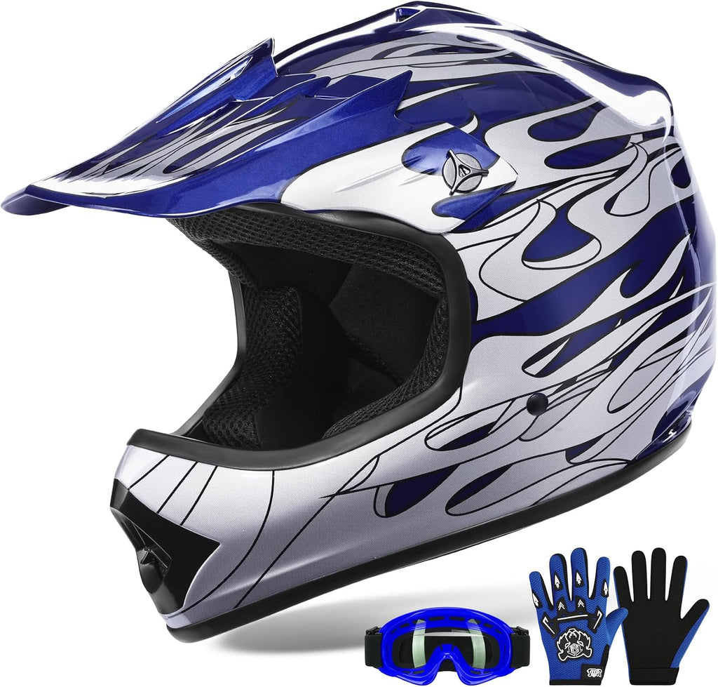 Juego de casco DOT con gafas y guantes para motocross, cuatrimoto y vehículos todoterreno para niños y jóvenes, diseño de calavera azul, talla S