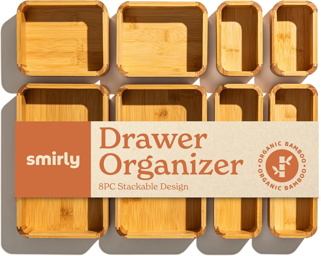 Juego de 8 organizadores de cajones de cocina de bambú SMIRLY para utensilios grandes y pequeños, caja de almacenamiento multiusos: baño, mesita de noche, joyería, cubiertos, cuchillos, especias, toallas, bandeja para cajones de objetos diversos.