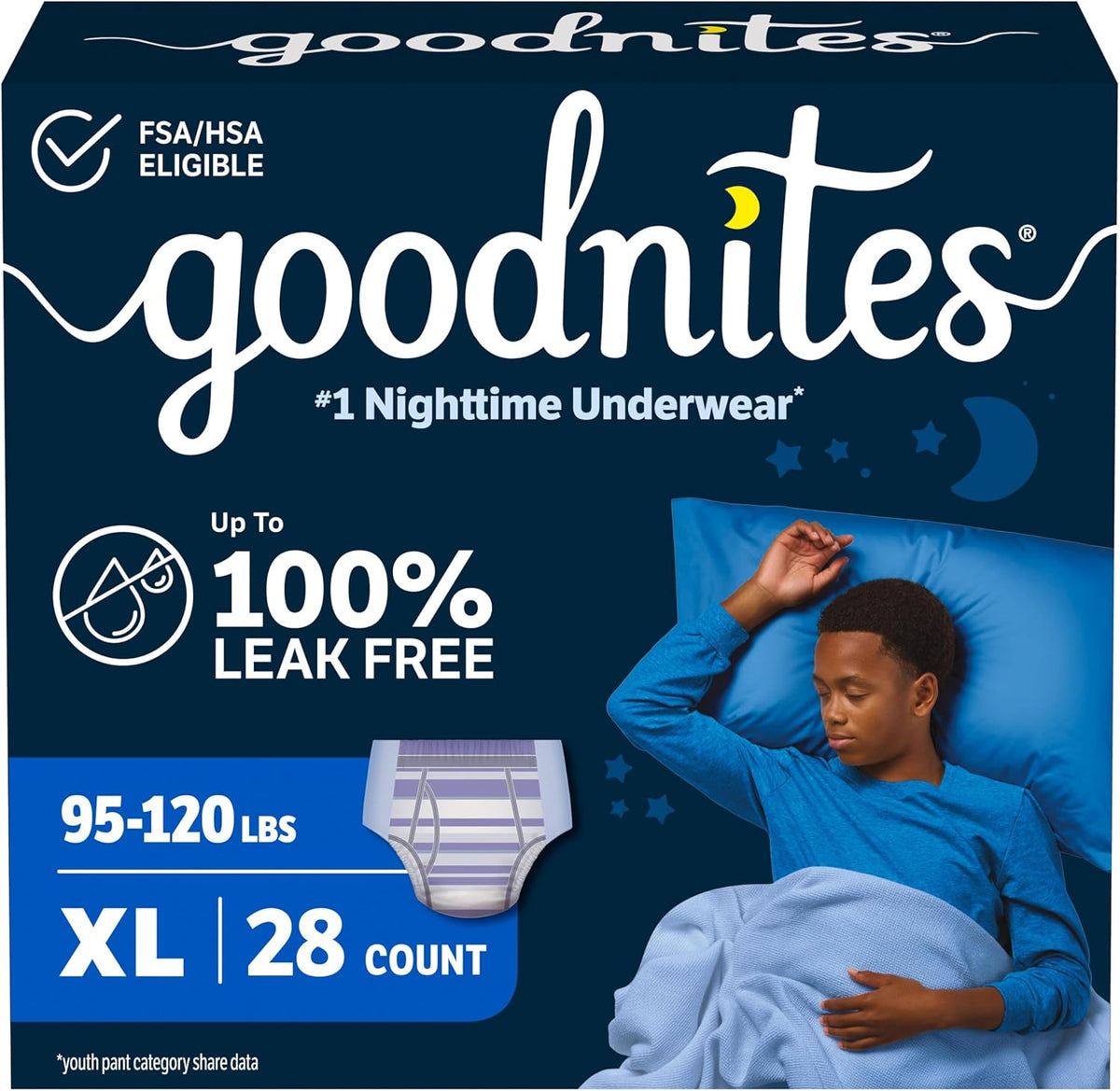 Ropa interior Goodnites para niños con enuresis nocturna, talla extragrande (43-54 kg), 28 unidades (2 paquetes de 14), el empaque puede variar.