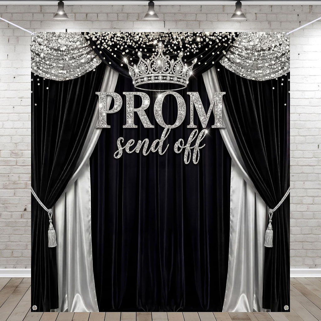 Fondo para fiesta de graduación Tingjoo Prom Send Off 2026, negro y plateado, decoraciones de graduación, 71 x 78.7 pulgadas, corona plateada, Clase de 2026, pancarta de felicitación para fotos de graduación, recuerdos de fiesta.