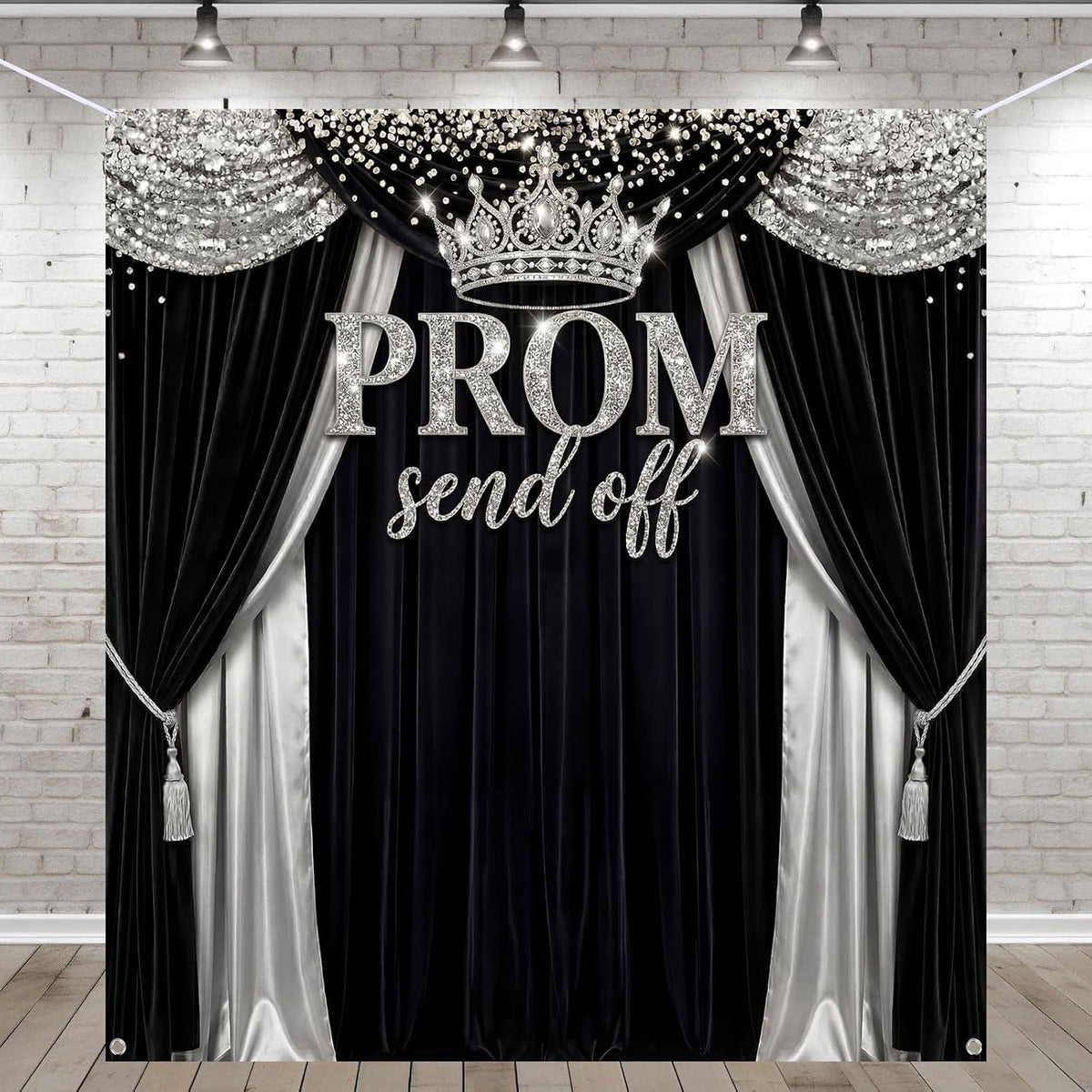 Fondo para fiesta de graduación Tingjoo Prom Send Off 2026, negro y plateado, decoraciones de graduación, 71 x 78.7 pulgadas, corona plateada, Clase de 2026, pancarta de felicitación para fotos de graduación, recuerdos de fiesta.