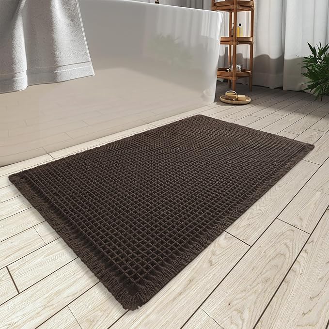 MIULEE Set 2 Alfombras de Baño Waffle Estilo Boho – Antideslizantes, Lavables, Ultra Absorbentes, Color Chocolate, 17"x24" + 18"x30"