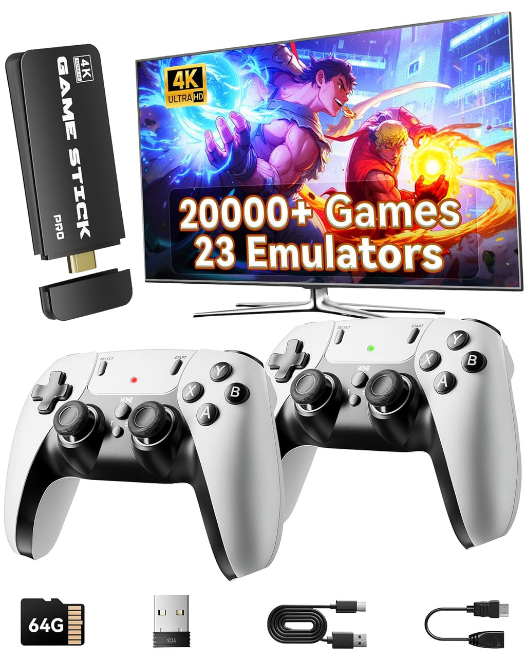 Consola de juegos retro, más de 20 000 juegos retro, TV 4K HD HDMI, videojuegos clásicos integrados, 23 emuladores, consola de juegos Plug & Play para TV con 2 mandos inalámbricos. 