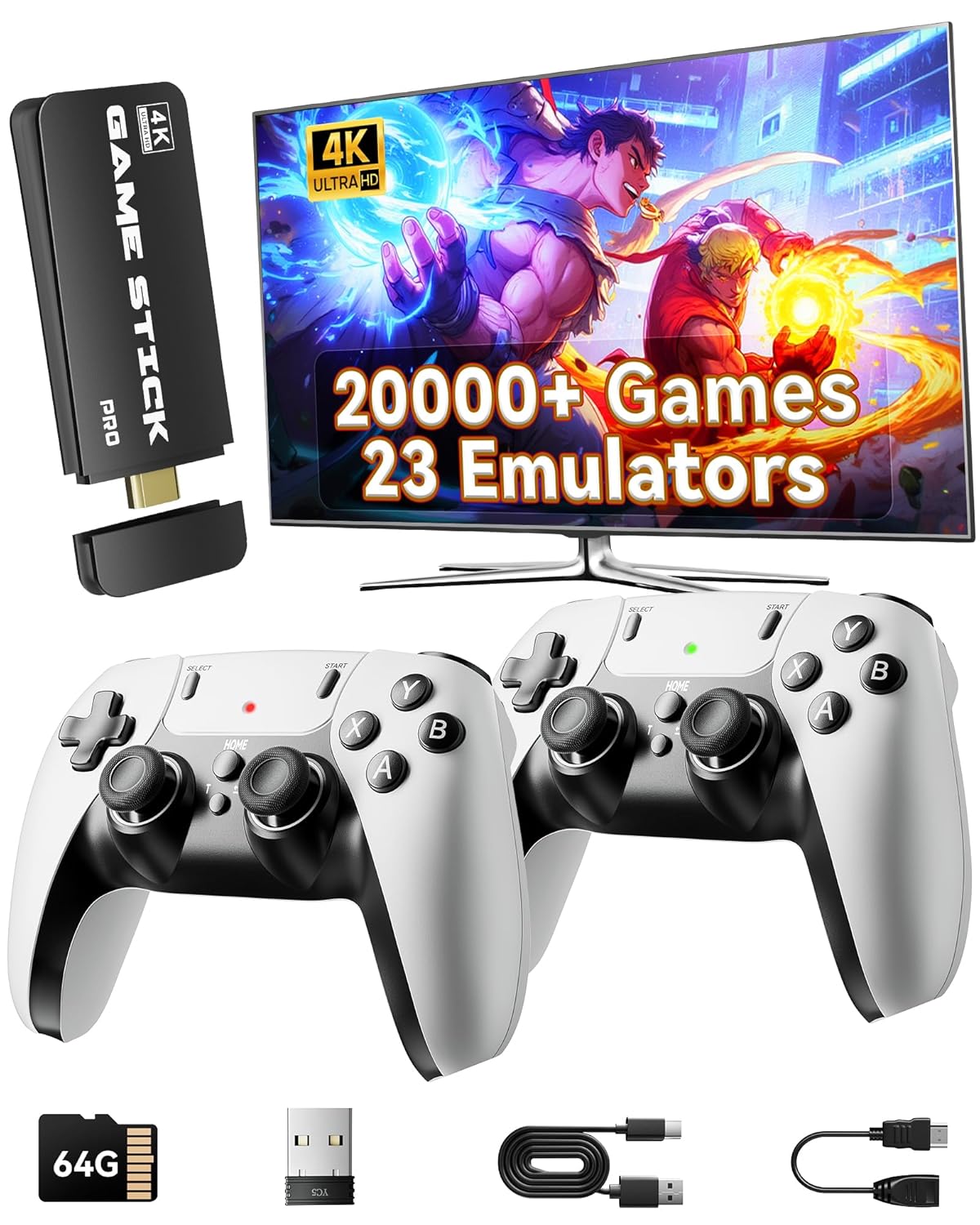 Retro Gaming Console, 20,000+ Retro Game Stick, 4K HD HDMI TV Game Stick, Built-in Classic Video Games 23 Emulators Plug & Play Game Console for TV with 2 Wireless Controllers