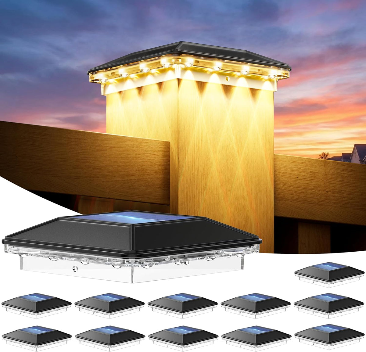 ENSLI Paquete 12 Luces Solares Tapa de Poste 4x4 Exteriores, 3 Modos 16 LED Luces Solares Poste de Cerca, Lente Enfocado Luces Poste Terraza Energizadas Energía Solar Impermeables se Ajusta Postes Vinilo Madera 4x4 3.5x3.5 Terraza Porche