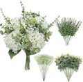 9 RAMOS TOTAL. Qunwreath Set de 55 Flores Artificiales | Hortensias de Seda y Tallos de Eucalipto en 4 Variedades para Jarrón, Cocina, Fiestas y Decoración DIY