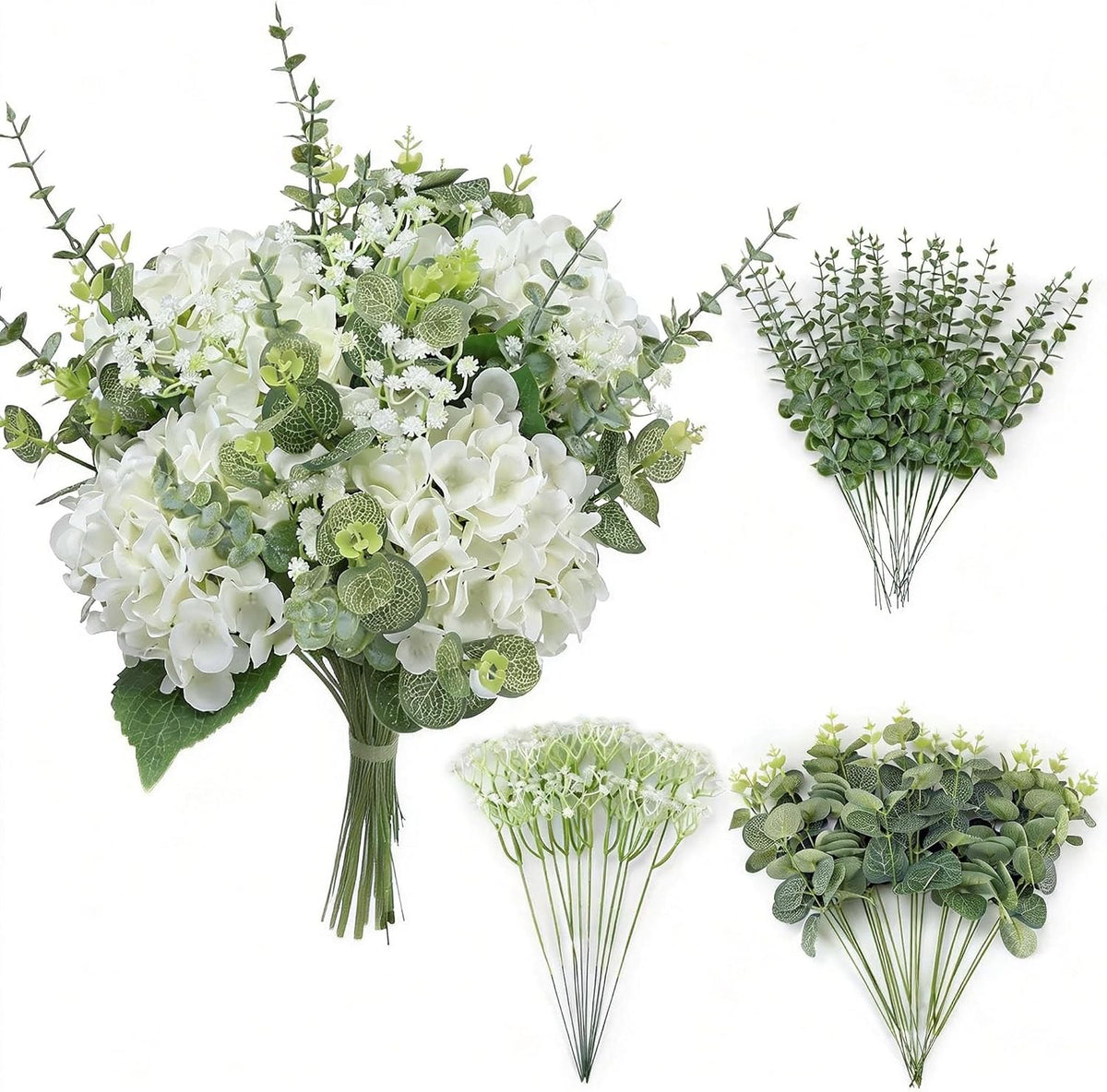 9 RAMOS TOTAL. Qunwreath Set de 55 Flores Artificiales | Hortensias de Seda y Tallos de Eucalipto en 4 Variedades para Jarrón, Cocina, Fiestas y Decoración DIY