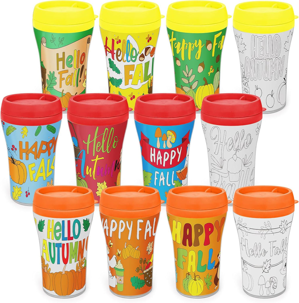 Cinrobiye Set de 12 Vasos para Colorear Temática Otoño con Tapa | DIY Personalizados 8oz | Con 12 Insertos de Papel para Fiestas y Premios Escolares