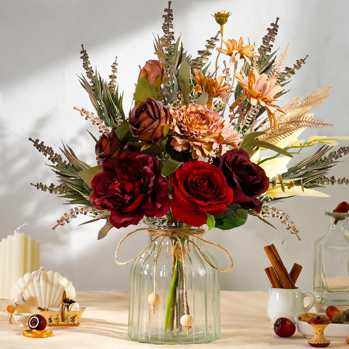 LESING Flor de dalia artificial con jarrón Flores de seda falsas en jarrón de cristal Arreglo floral de rosas artificiales para centro de mesa de oficina en casa Decoración (rojo burdeos)