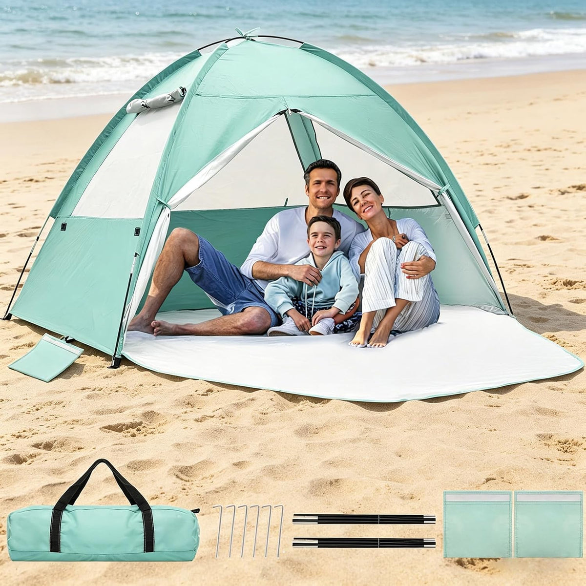 Tienda de playa NHOWIN para 3-4 personas, toldo grande y fácil de montar con protección UV UPF 50, tienda de sombra portátil con 3 ventanas de malla ventiladas para exteriores, picnics y pesca.
