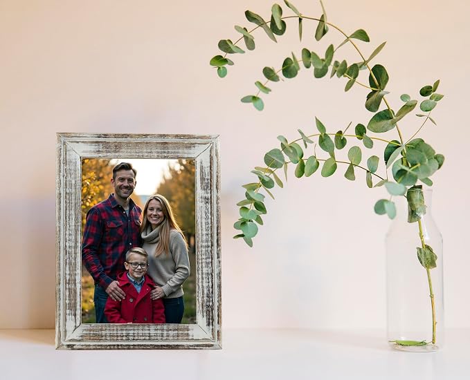 Marco de fotos de madera encalada de 4 x 6 pulgadas, aspecto rústico vintage de granja, marco de fotos bohemio envejecido de madera maciza para decoración de mesa y pared