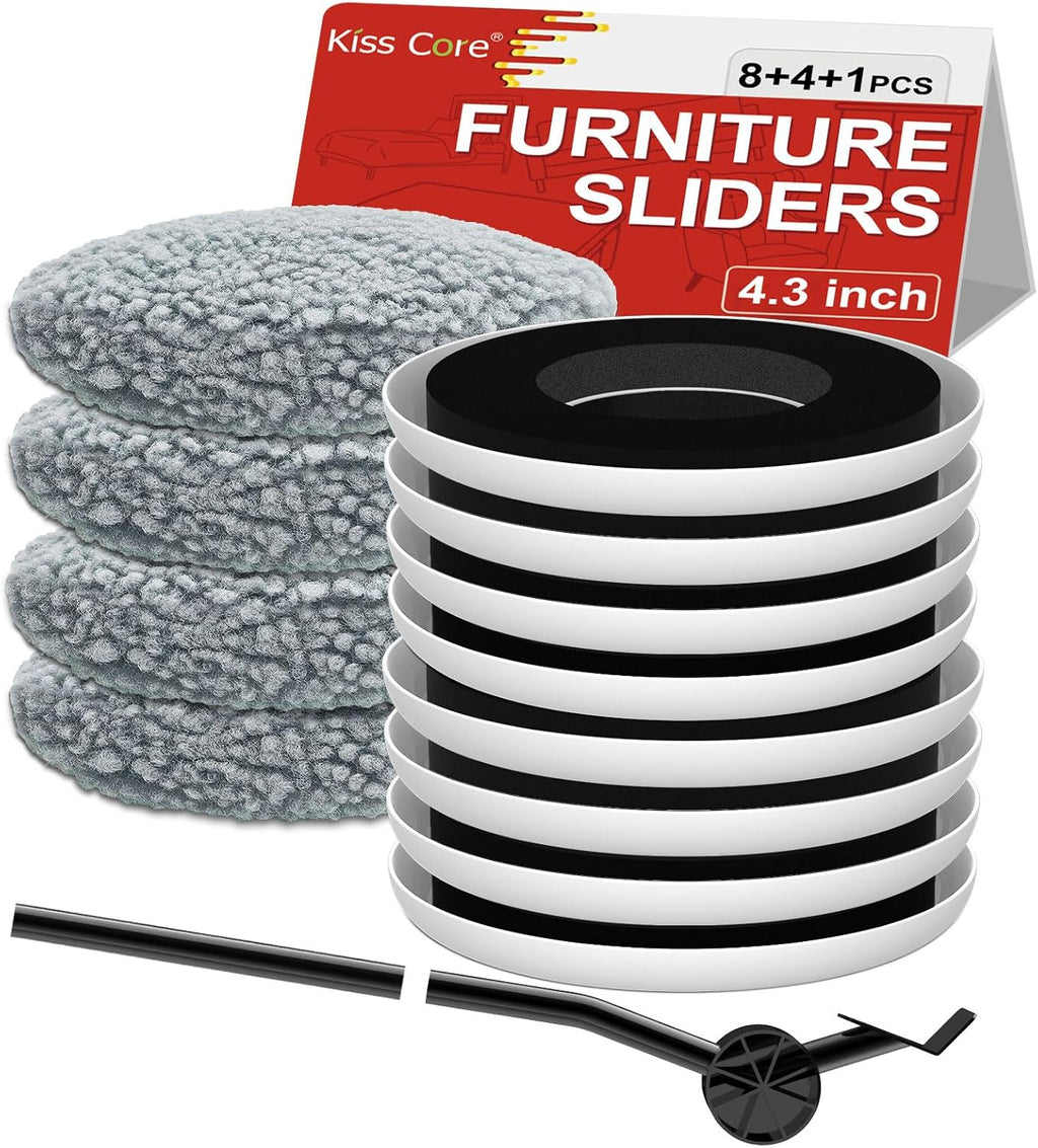Nuevos deslizadores para muebles mejorados, deslizadores multisuperficie 3 en 1 para mover muebles, almohadillas redondas para mover con 8 deslizadores de alfombra de 4.3" + 4 calcetines para pisos duros + 1 elevador