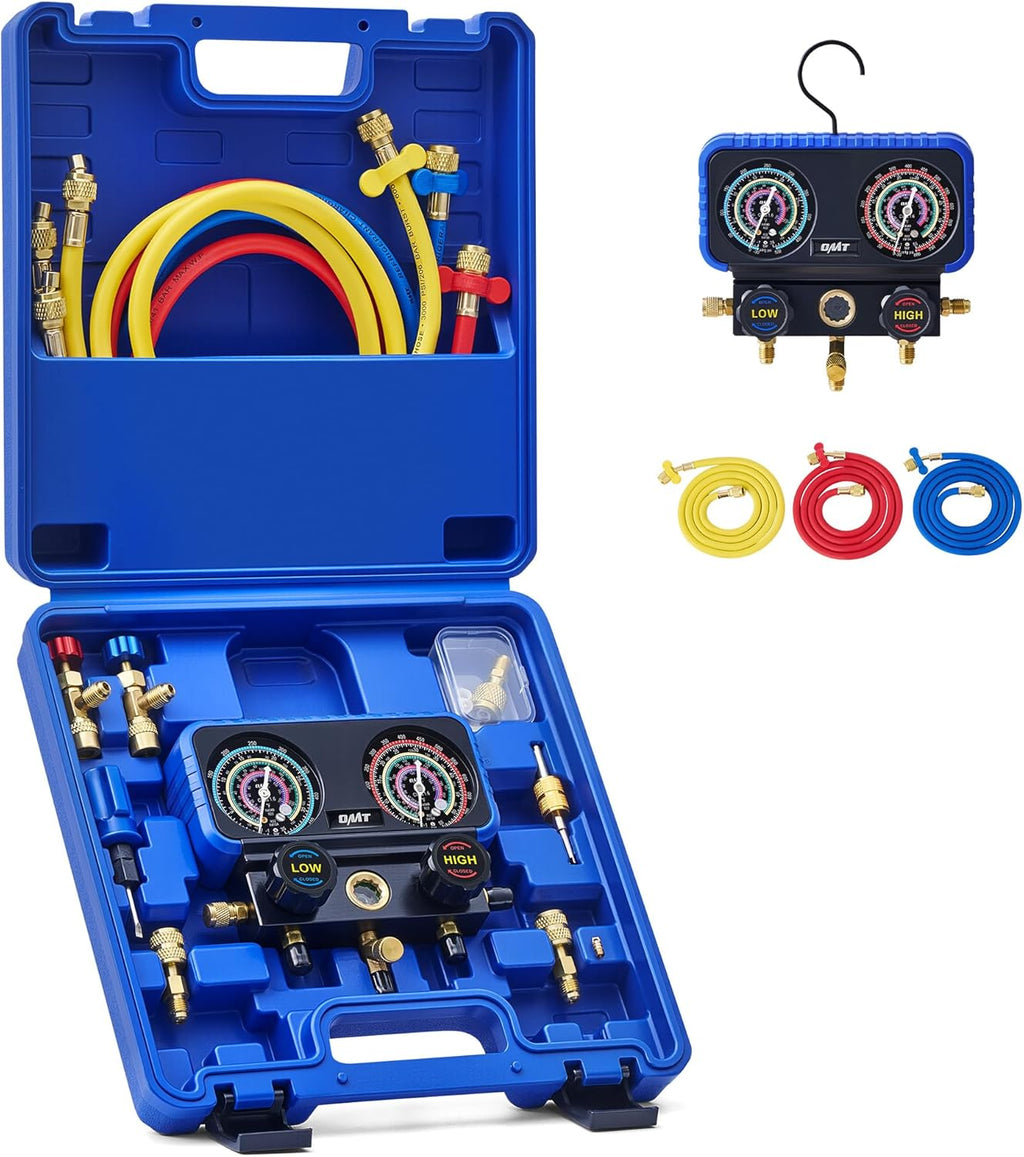 Set de Manómetros para AC Orion Motor Tech | Manifold de 3 Vías para R410A, R32, R22 y R454B | Mangueras de 5 pies, Válvulas de Seguridad, Adaptadores y Llave de Núcleo ( PUEDEN VARIAR LOS ACCESORIOS
