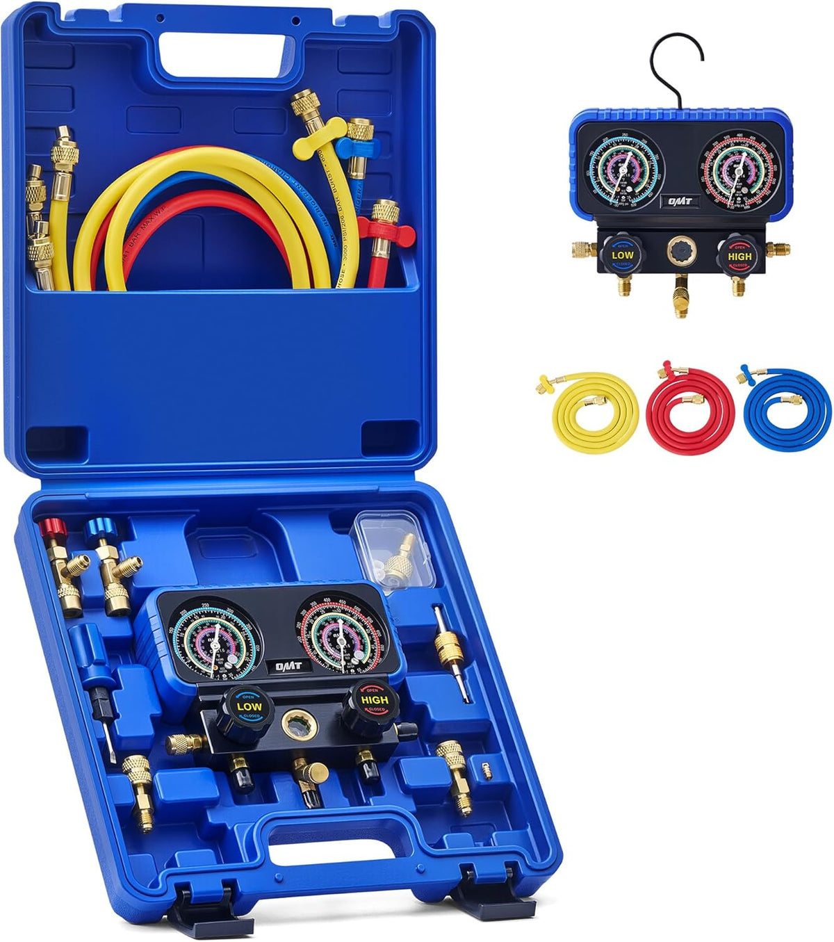 Set de Manómetros para AC Orion Motor Tech | Manifold de 3 Vías para R410A, R32, R22 y R454B | Mangueras de 5 pies, Válvulas de Seguridad, Adaptadores y Llave de Núcleo ( PUEDEN VARIAR LOS ACCESORIOS