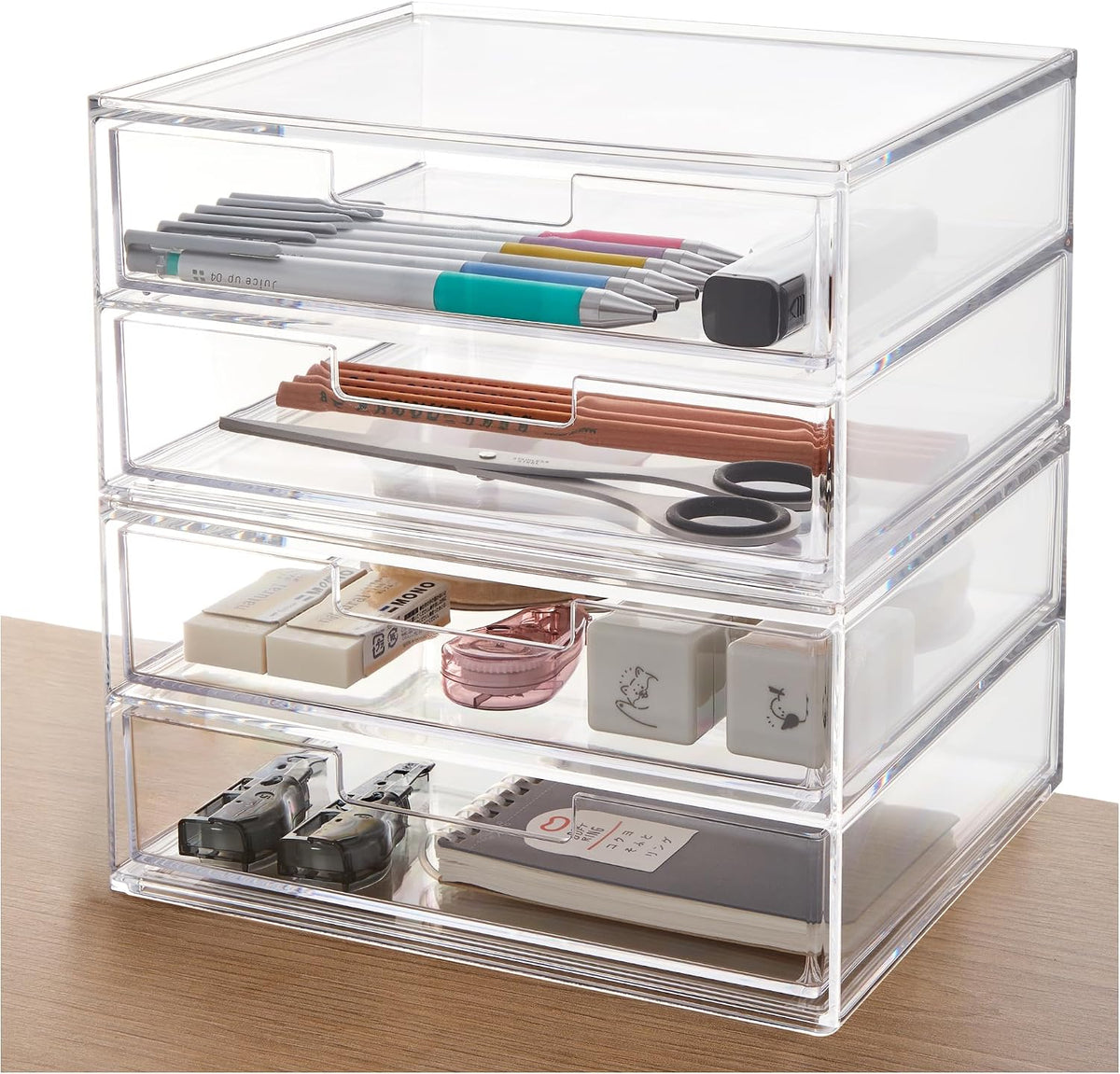 Organizador de cajones apilable STORi para escritorio, portalápices, brochas de maquillaje y bolígrafos, para escritorios y tocadores, 4 cajones anchos (Hecho en EE. UU.)