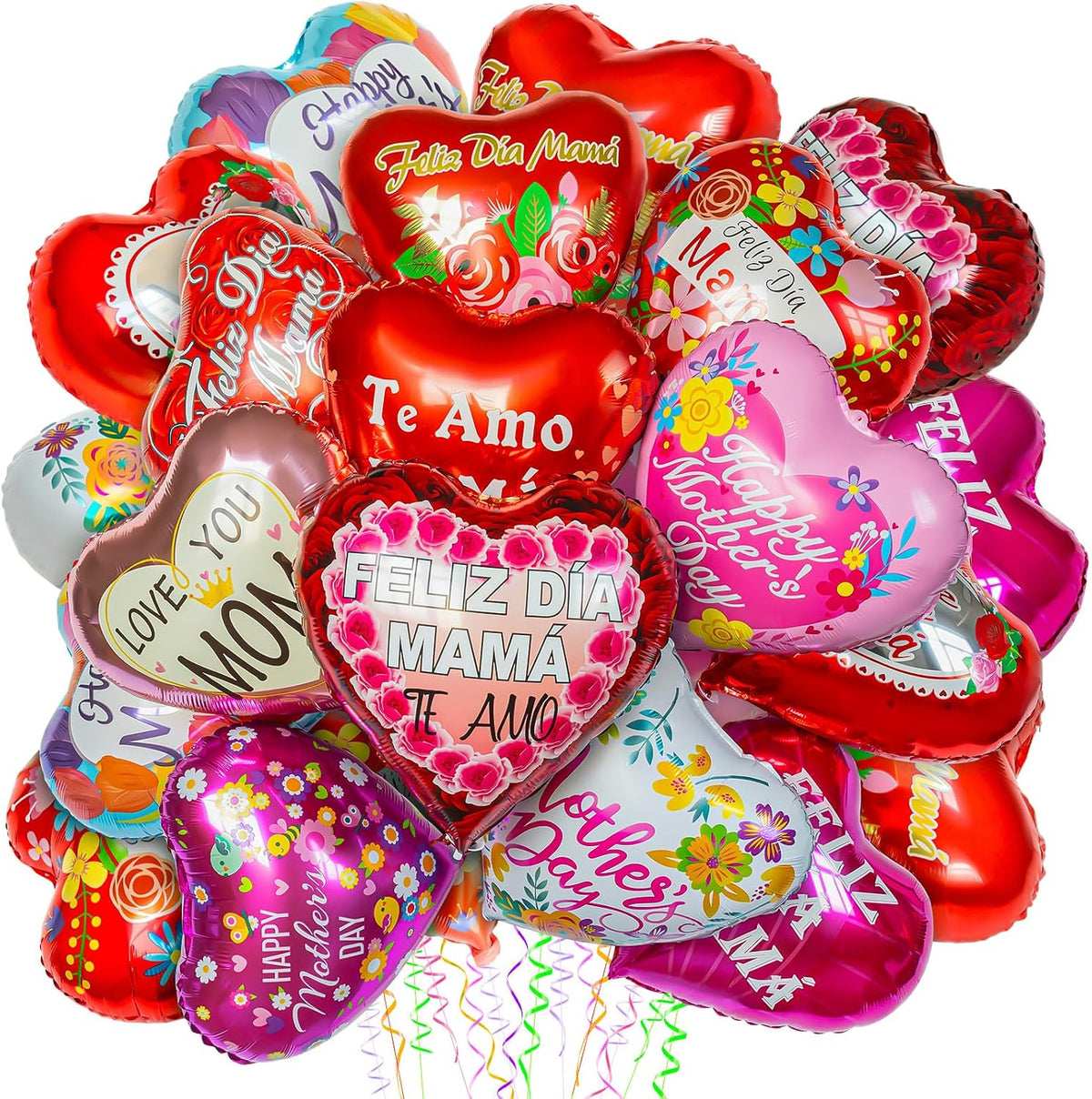 Globos Metálicos Día de la Madre 72 Piezas – Mylar Corazón Rojo Feliz Mamá | Decoración Fiesta y Cumpleaños