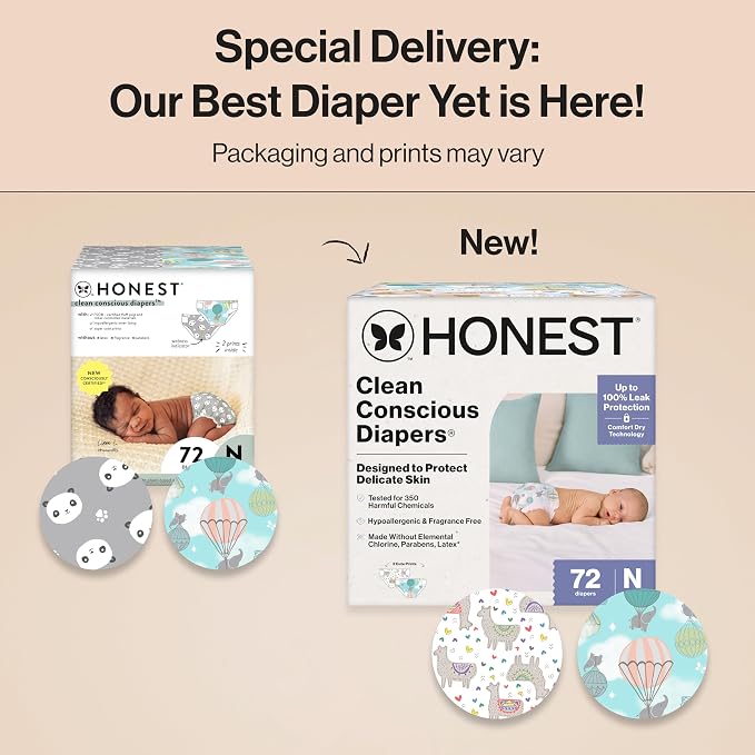 The Honest Company Clean Conscious - Pañales para pieles delicadas, hasta un 100% a prueba de fugas, hipoalergénicos, estampados de género neutro, caja Club, tamaño para recién nacido, 72 unidades