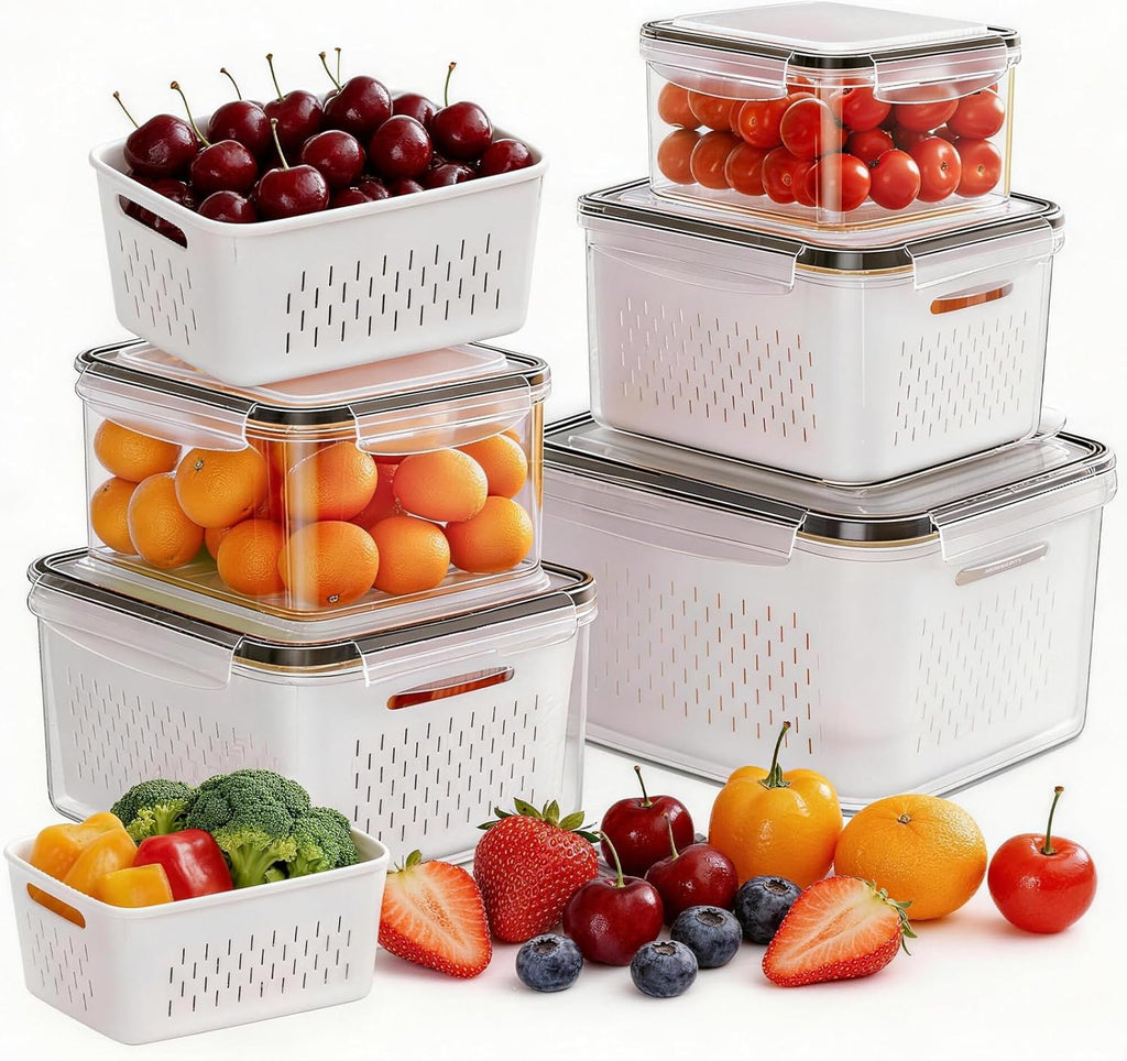 HOMETALL Paquete de 5 recipientes para almacenar frutas en el refrigerador, recipientes de plástico para frutas para refrigerador con coladores extraíbles, organizadores de refrigerador a prueba de fugas y almacenamiento para bayas, verduras, ensaladas