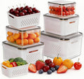 HOMETALL Paquete de 5 recipientes para almacenar frutas en el refrigerador, recipientes de plástico para frutas para refrigerador con coladores extraíbles, organizadores de refrigerador a prueba de fugas y almacenamiento para bayas, verduras, ensaladas