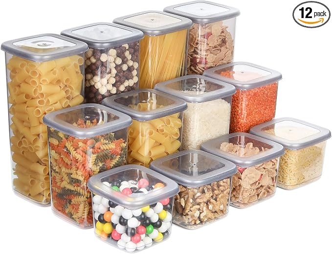 T&D HOME GOODS Tarros de almacenamiento con tapa, herméticos, juego de 12 recipientes de almacenamiento, sin BPA, contenedor de almacenamiento para cereales, harina, cocina, práctico organizador de cocina, (12, 3 cuadrados de tamaño diferente)