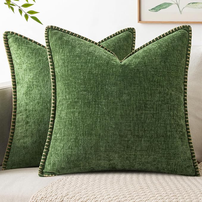 MIULEE - Paquete de 2 fundas decorativas con borde cosido para cojín y almohada, de felpilla suave teñida, unicolor, rústicas, para sofá, cama y sala, navideñas, verde musgo, 18 x 18 pulgadas