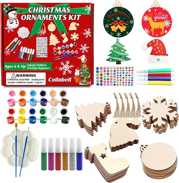 Kit de manualidades navideñas de madera Collabell para pintar adornos navideños, rodajas de madera sin terminar, manualidades navideñas para niños y adultos, materiales de arte y manualidades para decorar el árbol de Navidad.