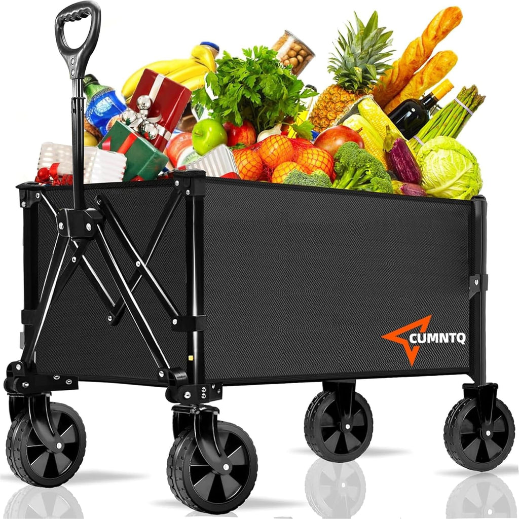 Carros plegables CUMNTQ, capacidad de carga de 159 kg (350 lbs), carro plegable con ruedas todoterreno, carrito de compras con ruedas para compras, camping, jardín, deportes y playa, color negro.