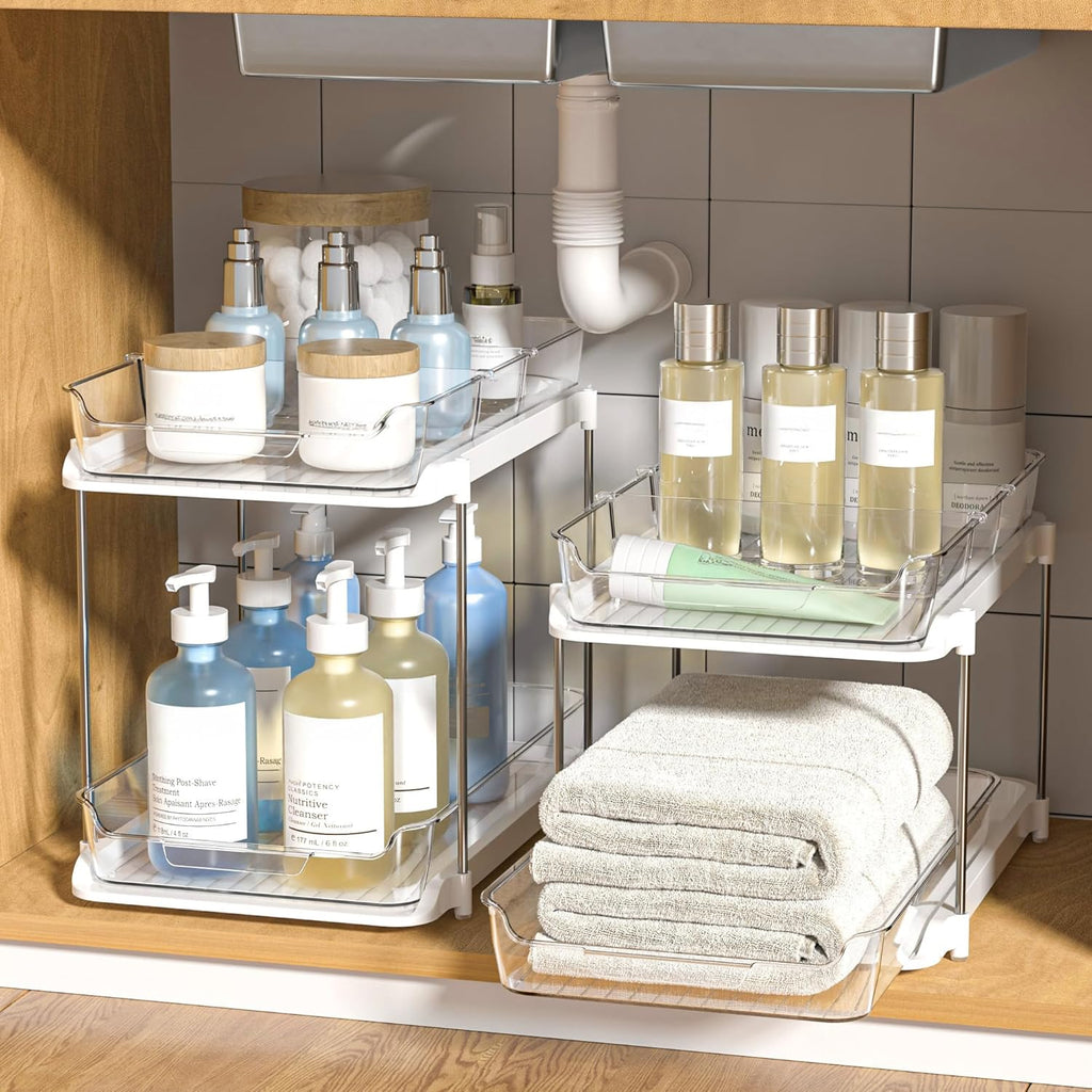 Organizador Bajo Fregadero Delamu 2 Niveles – Apilable, Divisores Móviles, Blanco, Baño y Cocina