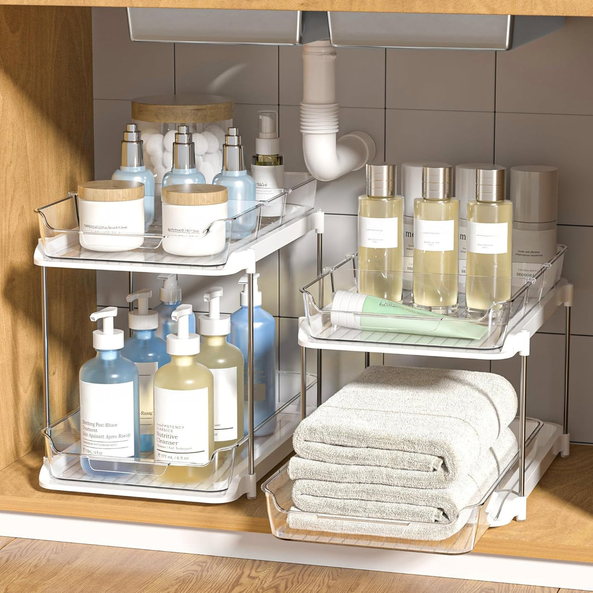 Organizador Bajo Fregadero Delamu 2 Niveles – Apilable, Divisores Móviles, Blanco, Baño y Cocina