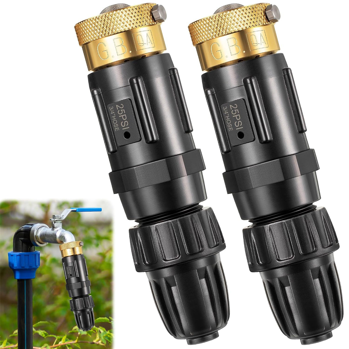 Feekoon 2 Juego de Adaptadores para Grifo de Riego por Goteo de 25 Psi, Tubo de Riego de 1/2'' a Grifo de 3/4'', Regulador de Presión de Agua, Antirretorno con Filtro, Piezas para Sistema de Goteo