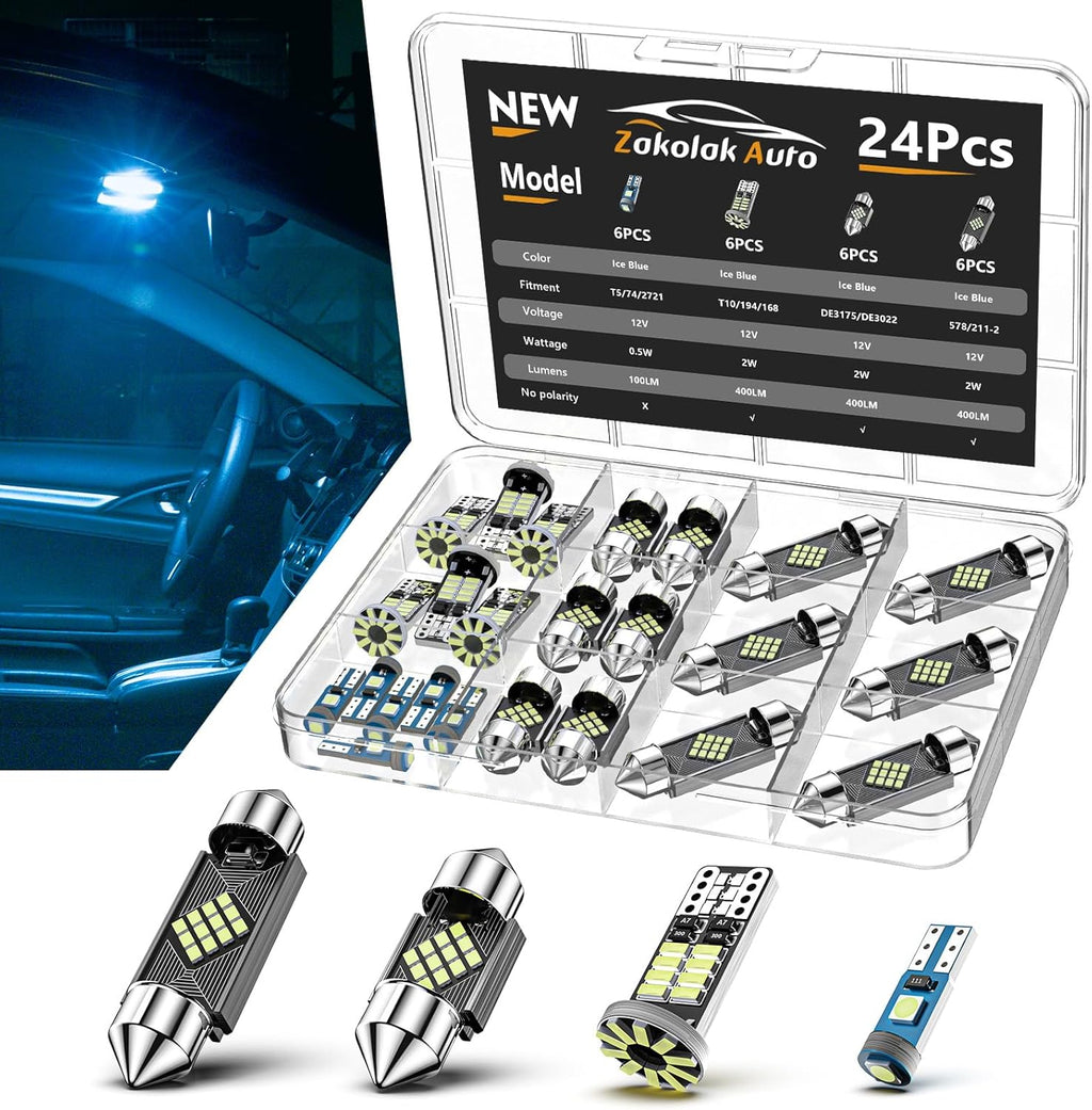 ⚠️ LE FALTA 1 AL KIT - Kit 24 Luces LED Interiores para Auto Zakolak — Ultra Brillantes, Domo, Mapa y Puertas, Color Azul Hielo