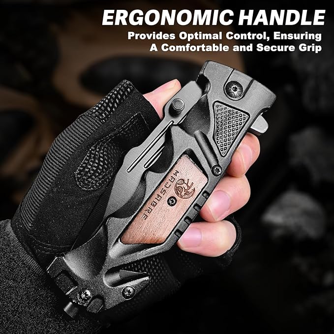 NO INCLUYE EL ESTUCHE – MADSABRE Navaja de bolsillo negra con clip, cuchillo de trabajo de 9.6 pulgadas, cuchillos plegables EDC con cortador de cinturón de seguridad y rompecristales, cuchillo plegable para supervivencia, campamento, senderismo