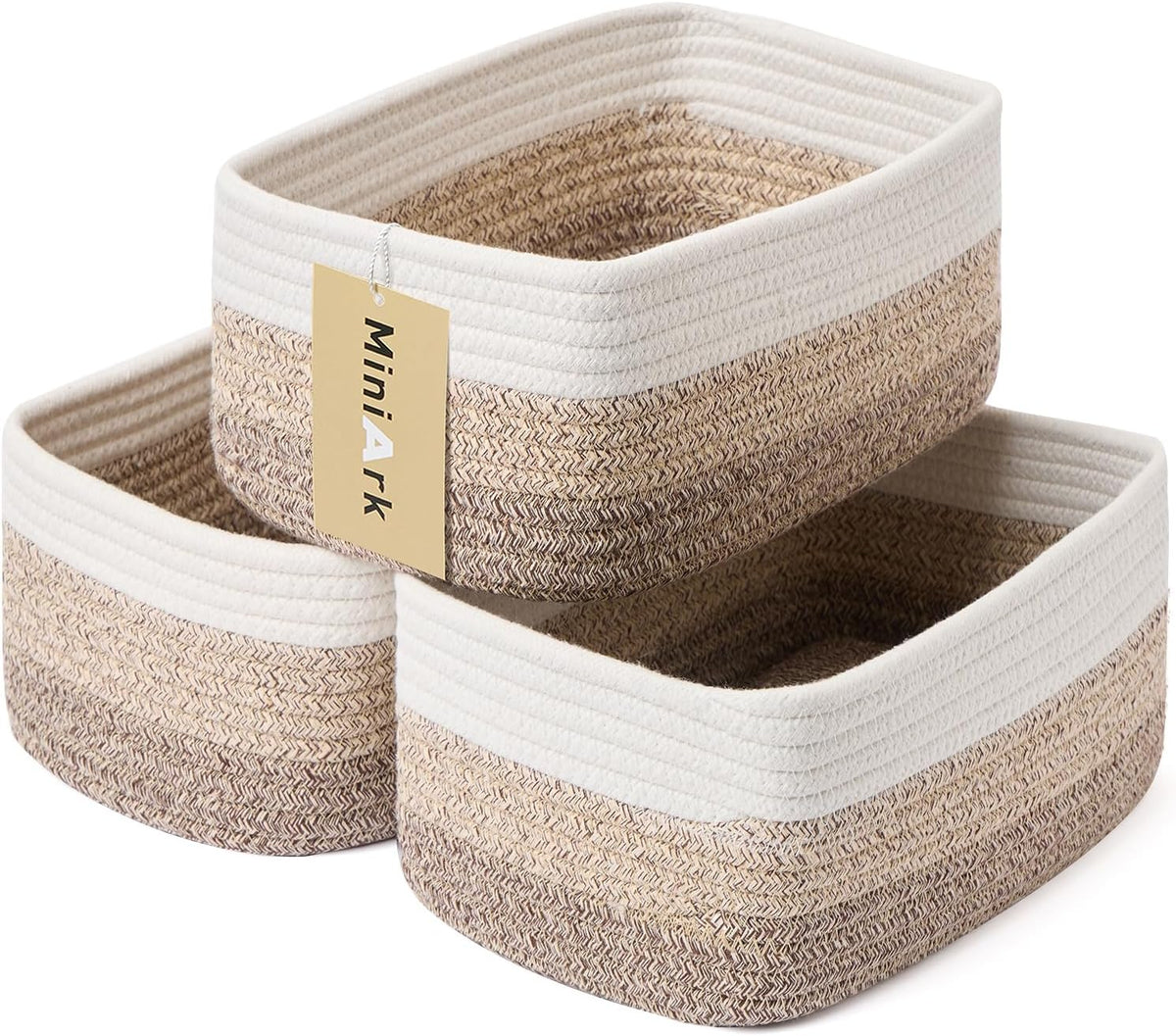MiniArk Pack 3 Cestas Pequenas de Almacenamiento | Organizadores de Closet Tejidos de Cuerda Cajas Decorativas 29x19x12cm Cafe Degradado