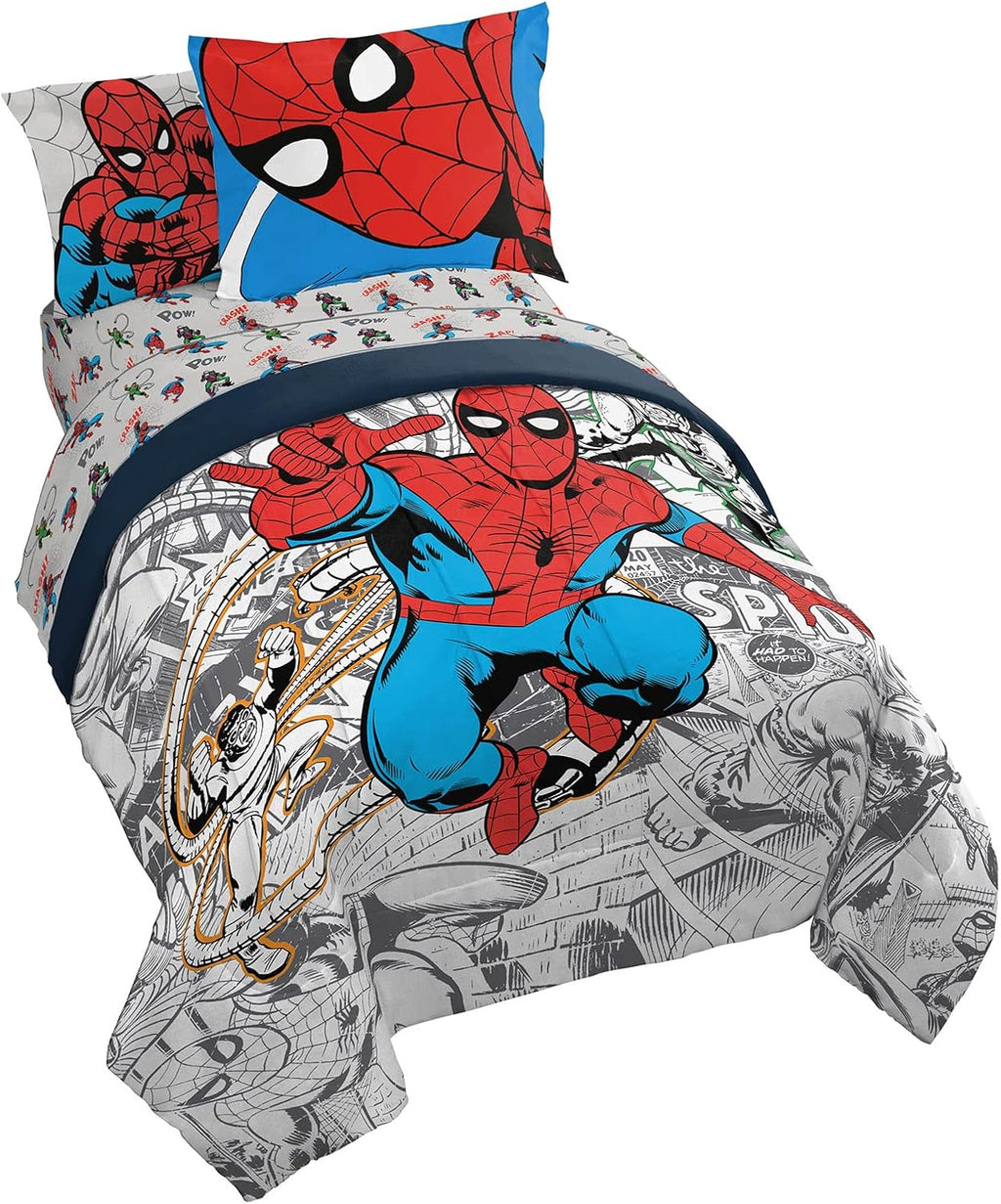 Juego de edredón de tamaño matrimonial de Marvel Spiderman de 7 piezas para niños, color gris.