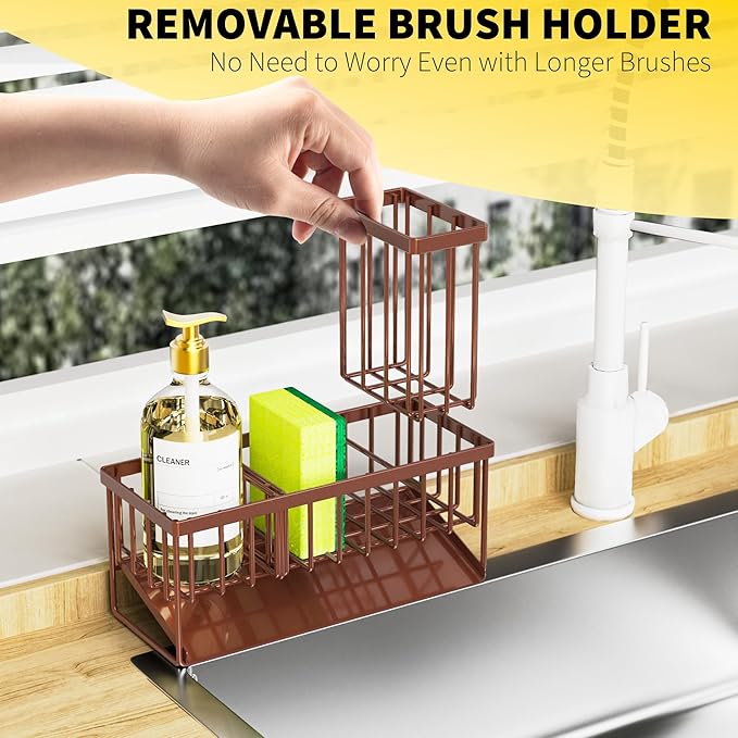 Cisily Organizador para fregadero de cocina, soporte de esponja para fregadero de cocina, organizador de fregadero de cocina y almacenamiento con soporte alto para cepillos, accesorios de fregadero de acero inoxidable 304 inoxidables (marrón)