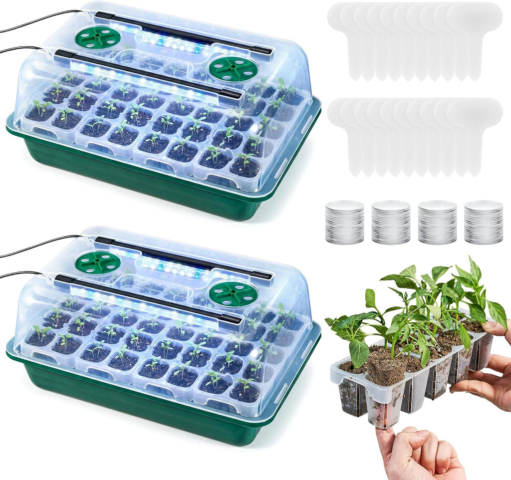 Kits de bandejas de germinación HIRALIY de 80 celdas con luz de cultivo, bandejas reutilizables para germinación de plantas, fácil trasplante, con cúpulas y bases, para iniciar el cultivo de hortalizas, flores, hierbas, jardinería de interior