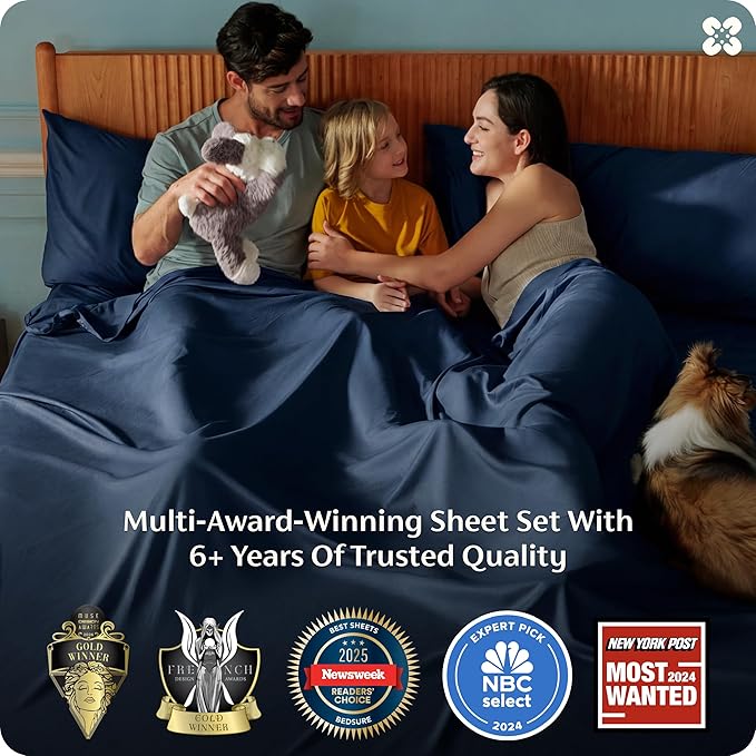 Bedsure Sábanas King Size de Bambú – Refrescantes, Suaves y Transpirables, Bolsillo Profundo 16", Azul Marino