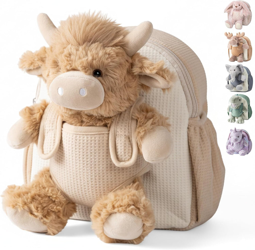 Moonkie Hug & Go Mochila Infantil de Vaquita Highland | Bolso de Peluche Suave con Juguete Desmontable para Ninos de 2 a 4 Anos | Ideal para Guarderia, Viajes y Regalo de Cumpleanos