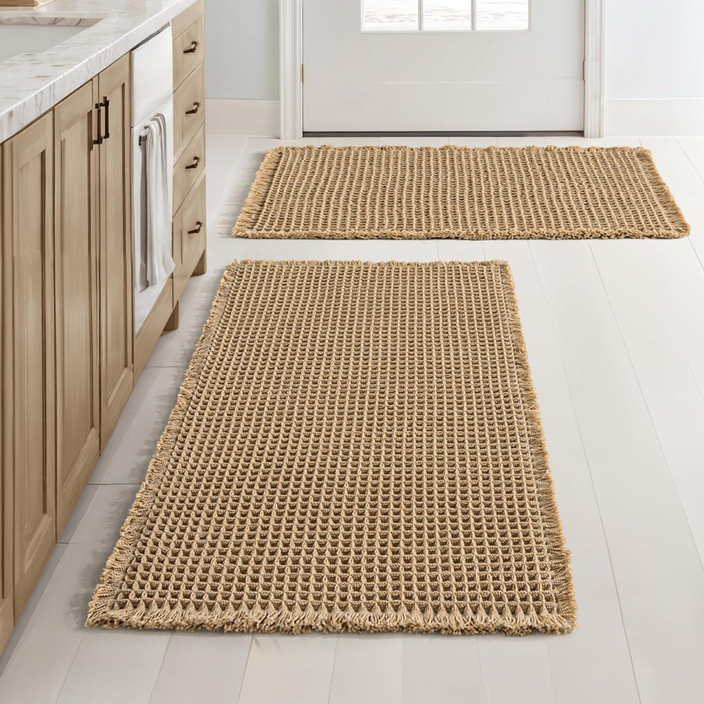 Set de 2 Tapetes de Baño MIULEE Waffle Boho Café 18x30 Pulgadas – Antideslizantes, Super Absorbentes y Lavables