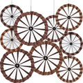 Set 9 Piezas Decoraciones Fiesta Vaquero Western Outus — Abanicos de Papel, Ruedas de Carreta y Pacas de Heno Colgantes