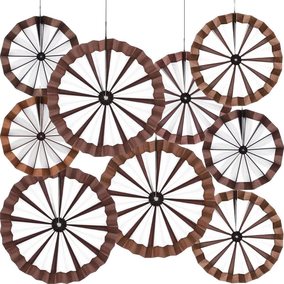 Set 9 Piezas Decoraciones Fiesta Vaquero Western Outus — Abanicos de Papel, Ruedas de Carreta y Pacas de Heno Colgantes