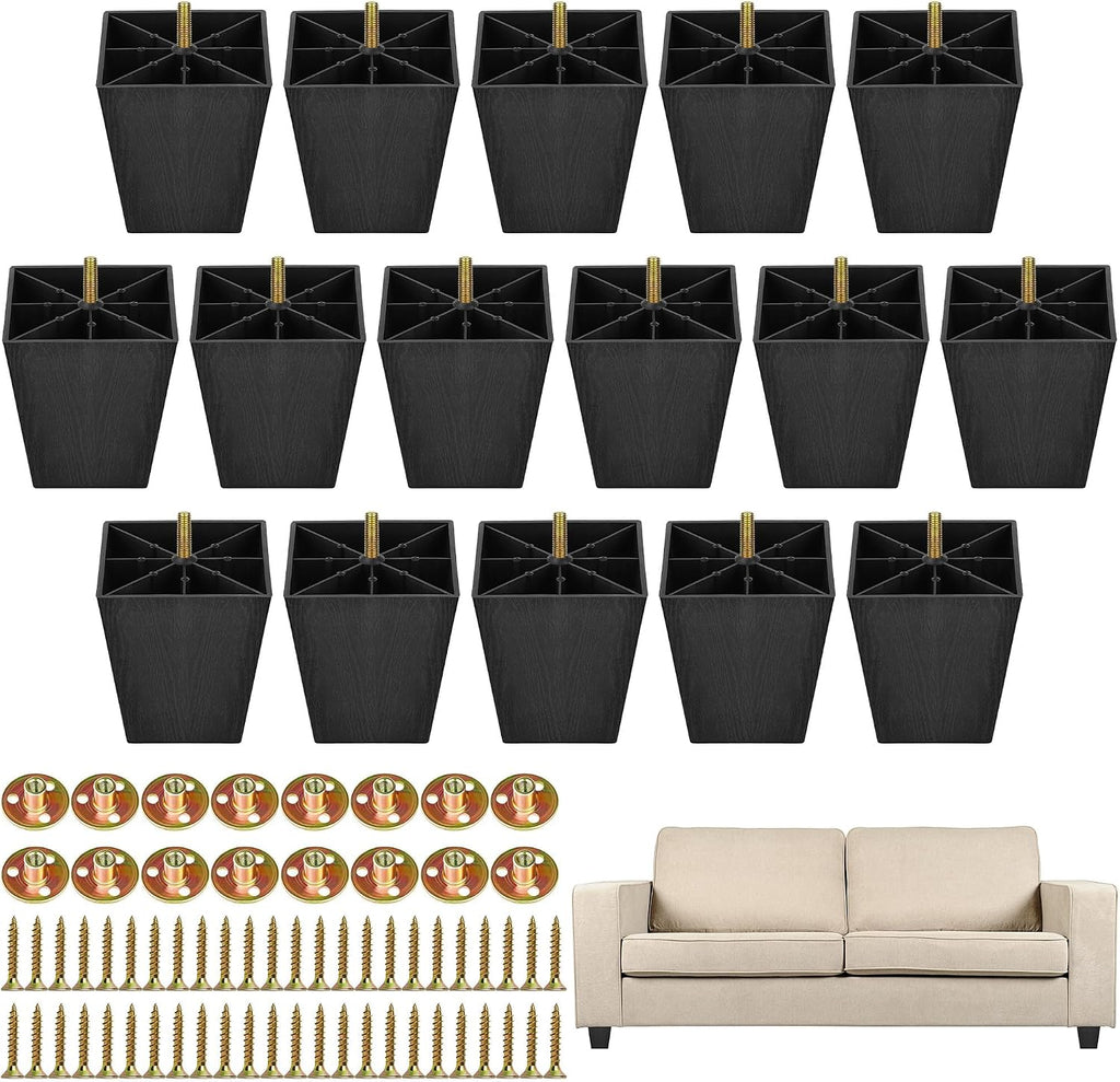 TURSTIN Paquete de 16 patas de plástico para muebles de 10 cm (4 pulgadas), patas cuadradas cónicas para sofás, sillones, sillas, armarios, cómodas y camas, con tuercas en T M8. Color negro.